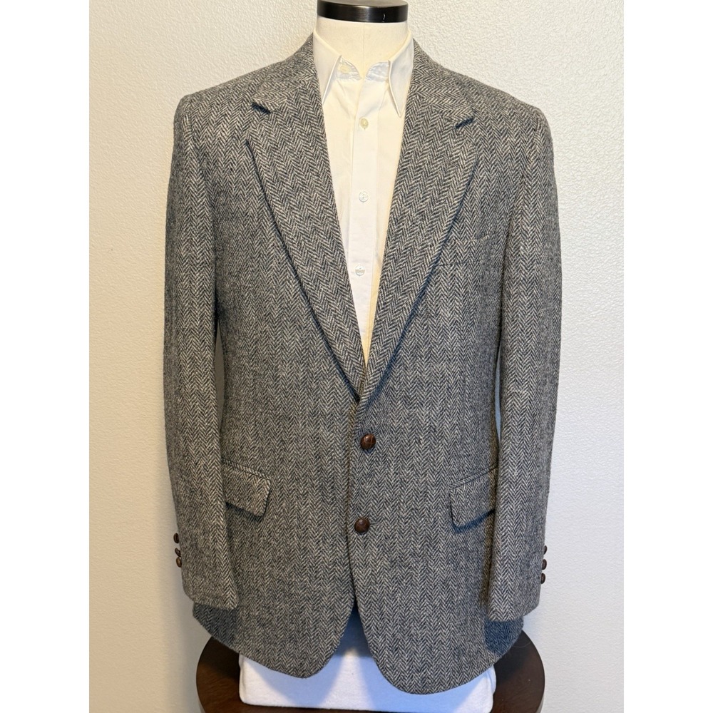 Vintage Harris Tweed 100% Wool Blazer Herringbone Gray Blue Sport Coat sz.40 USA